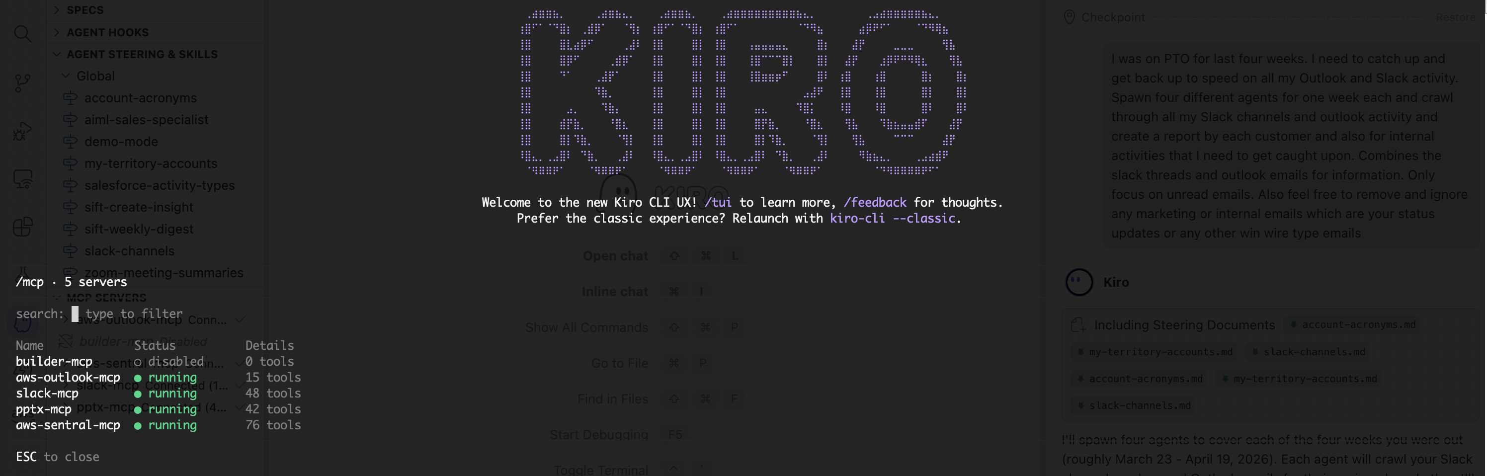 Kiro showing MCP server status and steering documents